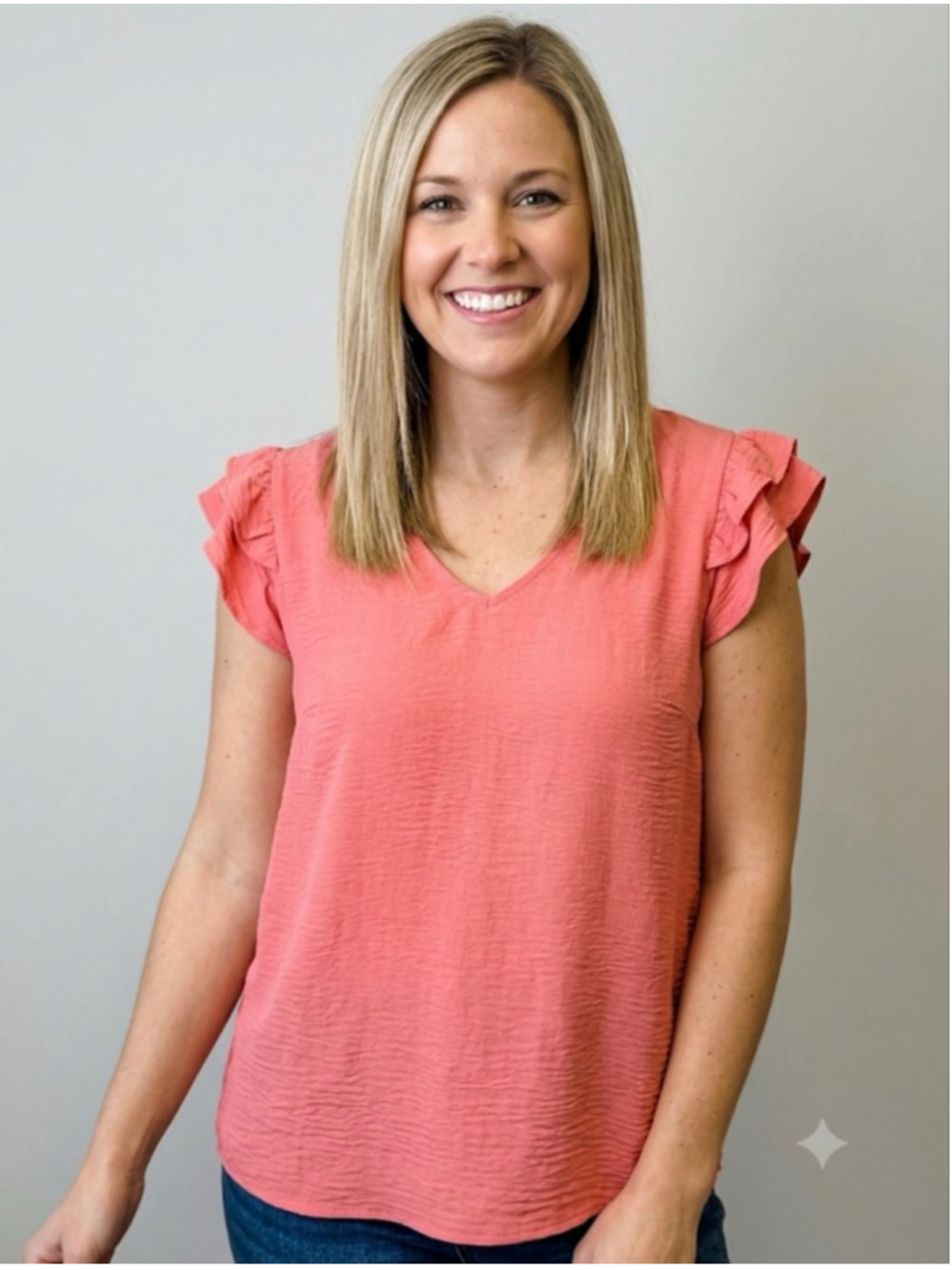 Liberty Love Coral Short Sleeve V-Neck Ruffle Tee L